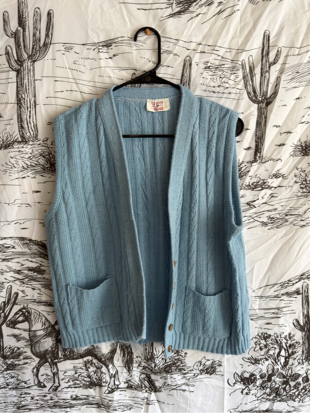 Vintage 70s Blue Knit Button-Front Vest